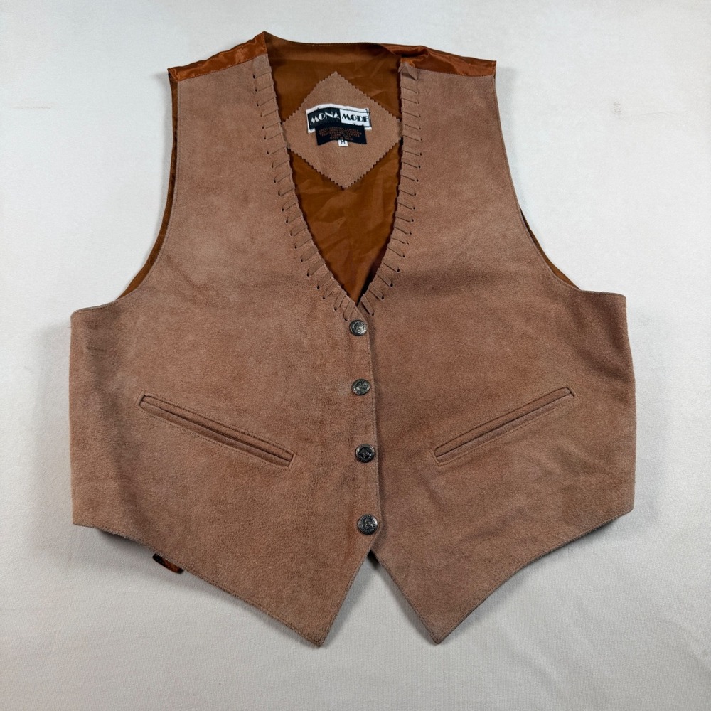 Vintage Mona Mode Mens M Genuine Suede Leather Western Vest Tan Brown Cowboy